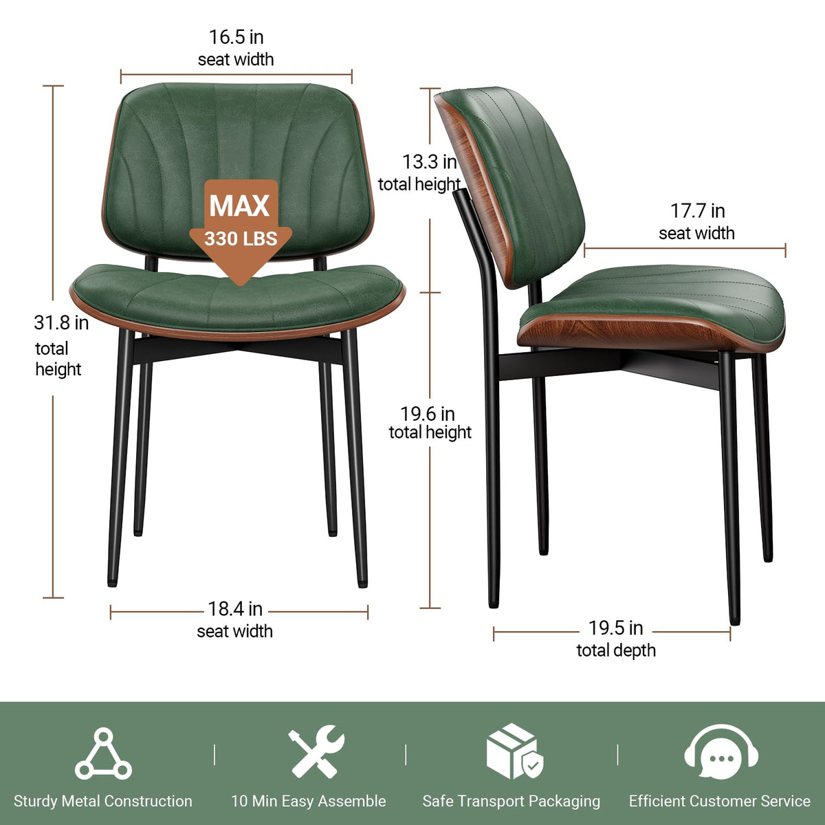 REONEY Dining Chairs Set of 4, Mid-Century Modern Kitchen Chairs, Black