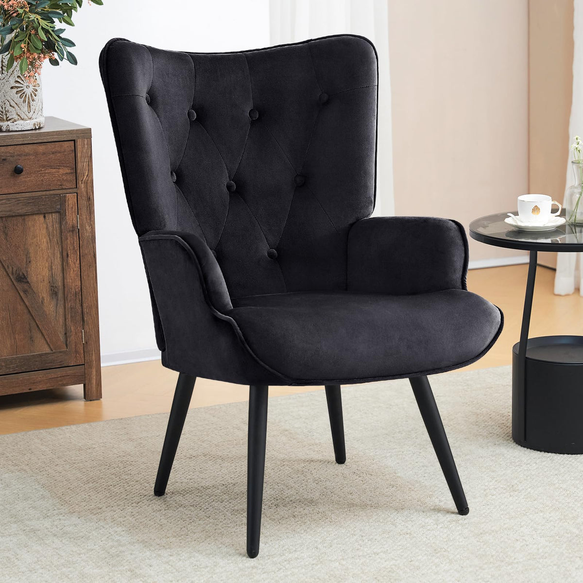 Furniliving PU Leather Accent Chair for Living Room, Upholstered Reading Chair with High Backrest, Tufted-Button Wingback Armchair for Bedroom, Dressing Room, Home Office, Brown, Set of 2