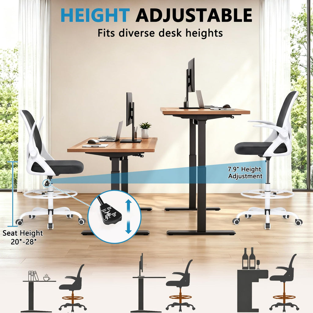 Kensaker Drafting Chair Tall Office Chair, Ergonomic Standing Desk Chair with Adjustable Foot Ring and Flip-up Armrests, Mesh Computer Chair for Art Studio, 300 LBS, Black