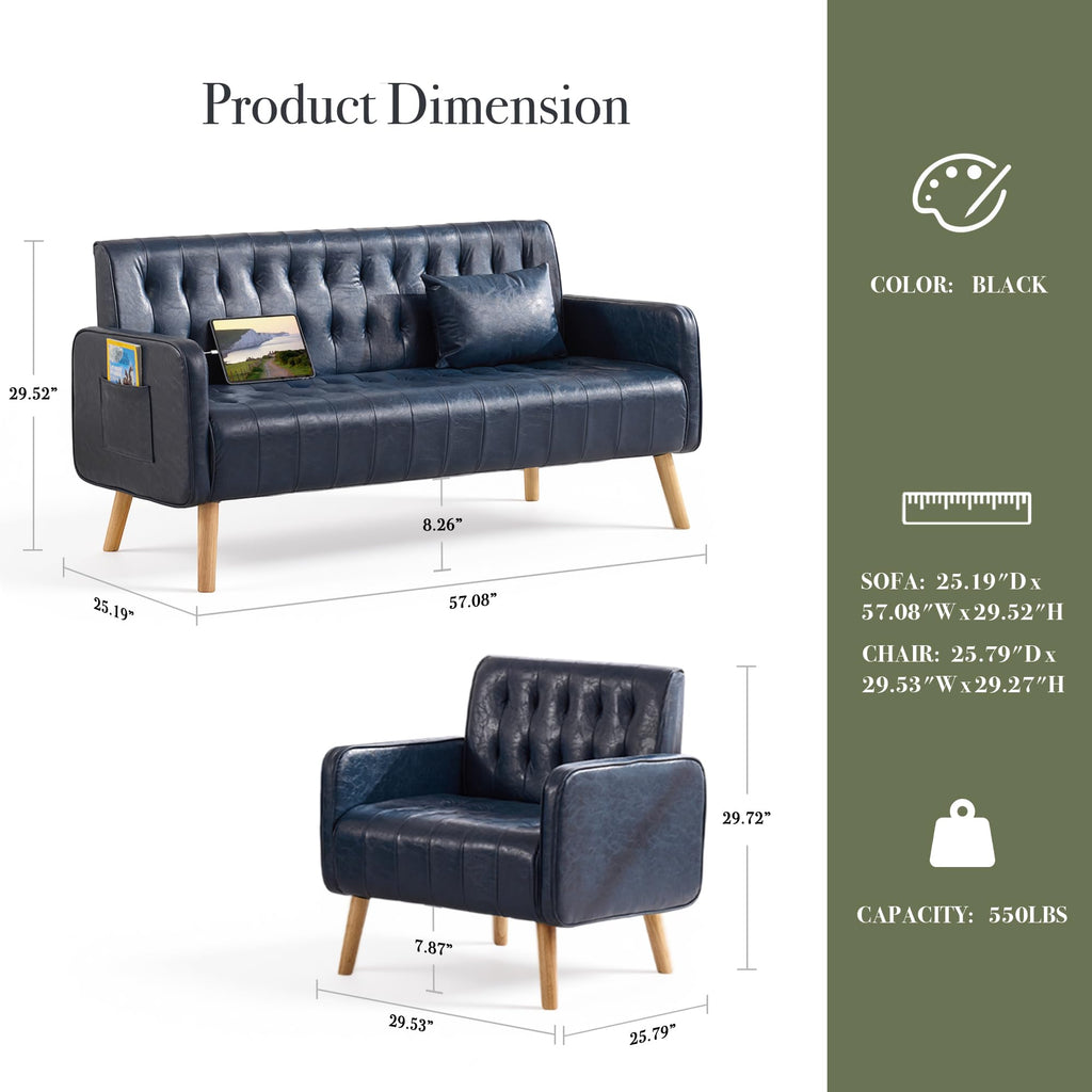 57â Small Faux Leather Loveseat Couch and Accent Chair Set of 2 (3, Black)