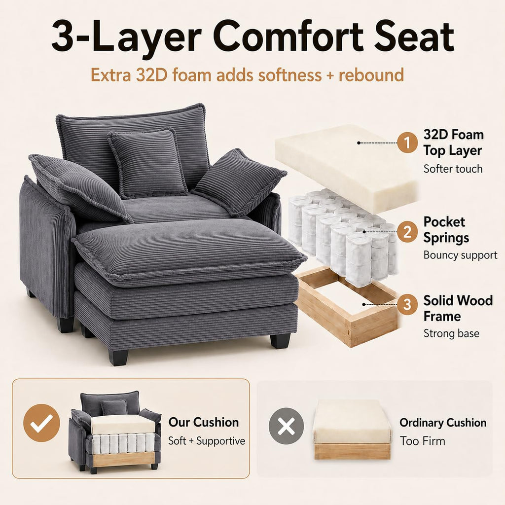 Oversized Chair with Ottoman, Corduroy Reading Chair with Footrest, Comfy Accent Armchair for Living Room Bedroom, Single Sofa Lounge Chair, 350 lbs (Orange)