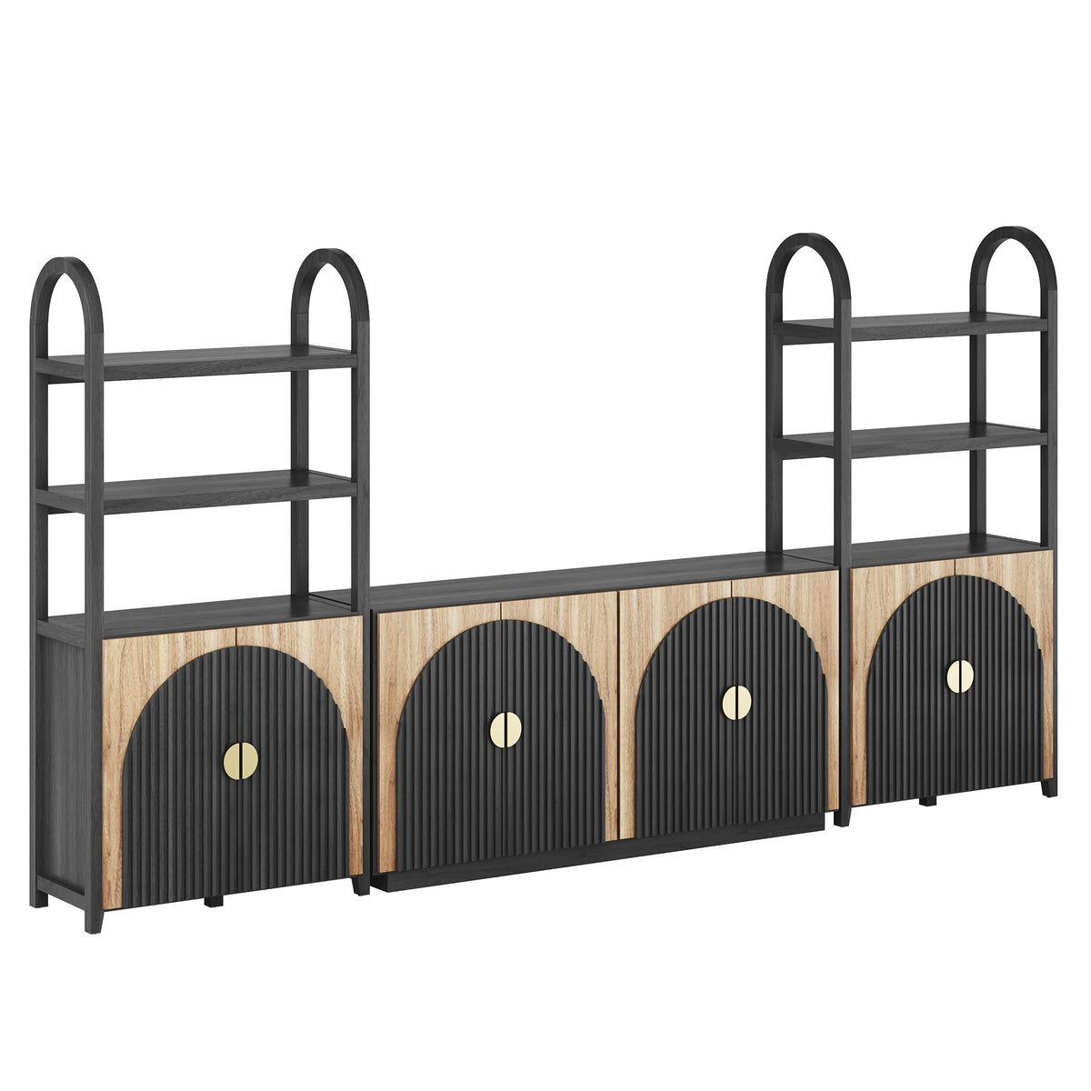 BELLEZE Book Shelf 72" Tall Arched Bookcase with Storage, 5 Tier Mid Century Modern Fluted Bookshelf with Doors, Modular Bookshelves for Living Room Office Library, Set of 2 (Caramel Brown)