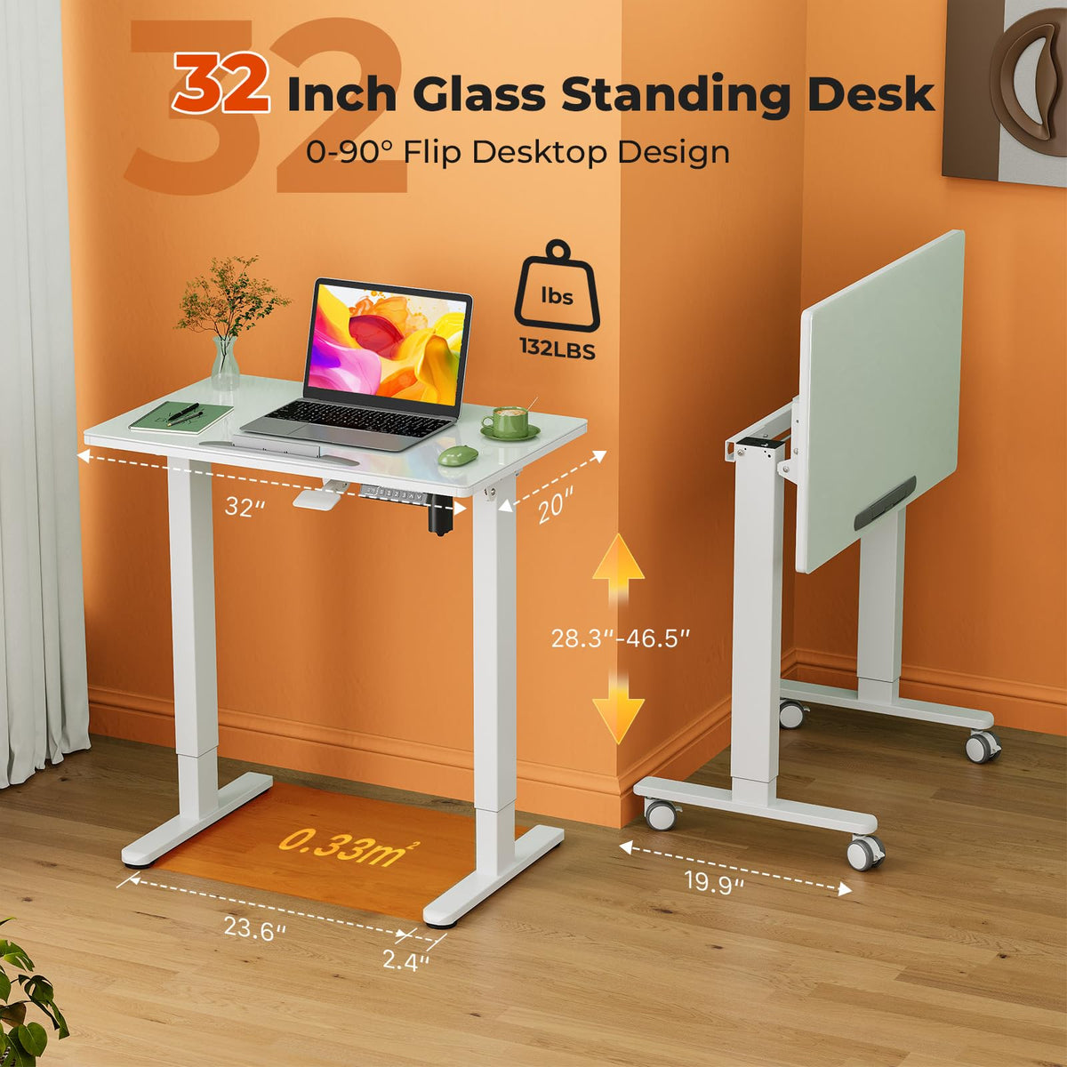 35" Glass Standing Desk, 90Â° Tilt Height Adjustable Drafting Table
