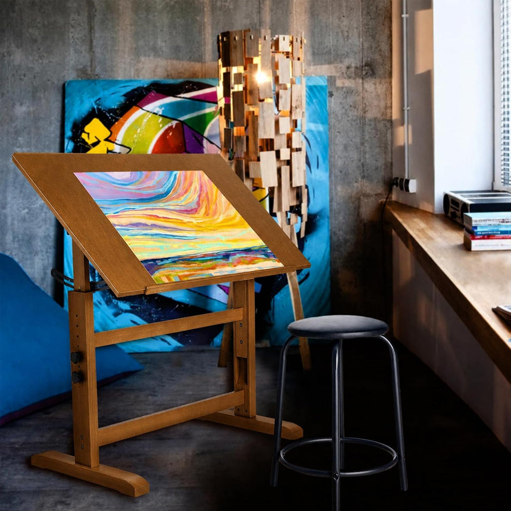 Falling in Art 30" x 42" Wooden Drafting Table and Stool Set, Walnut