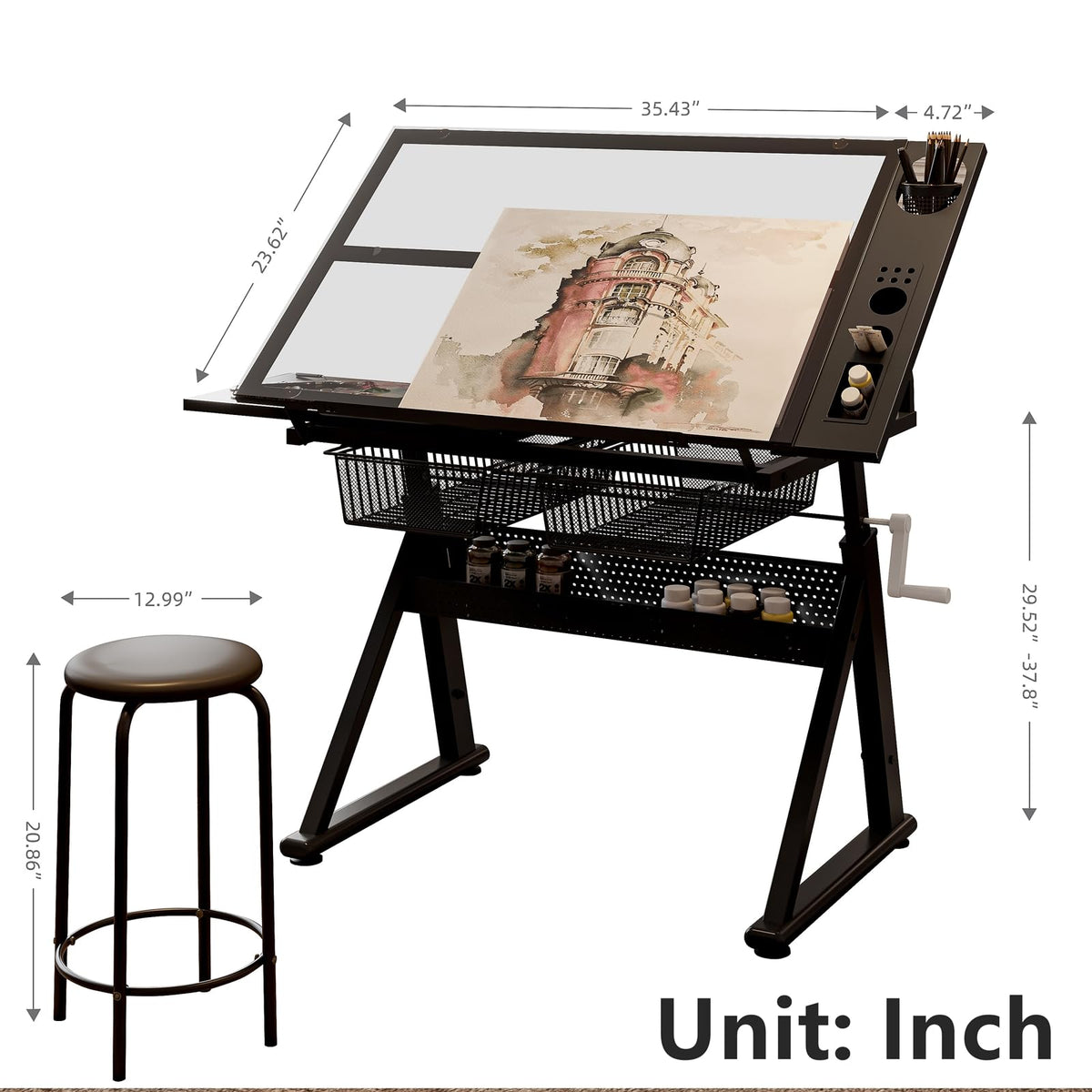 Drafting Table, Height Adjustable Art Tabe with Stool, Black