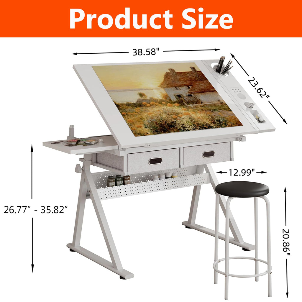 Height Adjustable Tilt Drafting Table with 2 Storage Drawers & Stool Brown