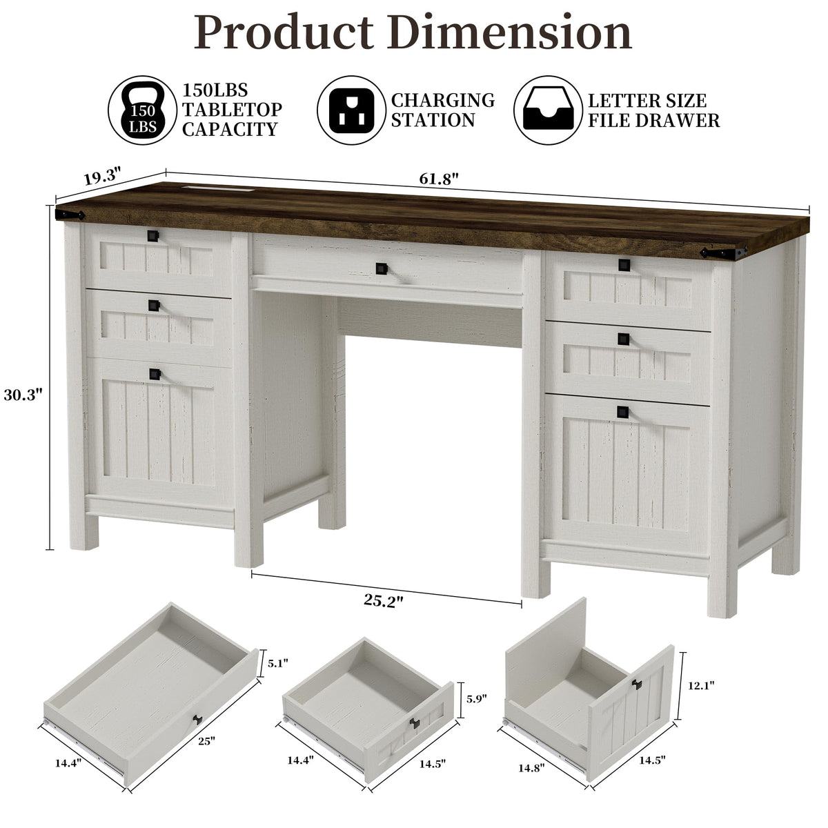 62" Executive Desk Home Office Desk with File Drawer & Cabinet