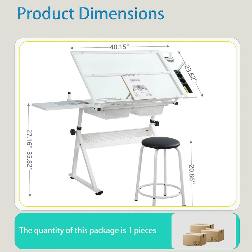 Donfafecuer Adjustable Drafting Table for Adults Professional Art Table 2 Storage Drawers Height Adjustable Home Office Reading Painting Tempered Glass Top Modern Black Design