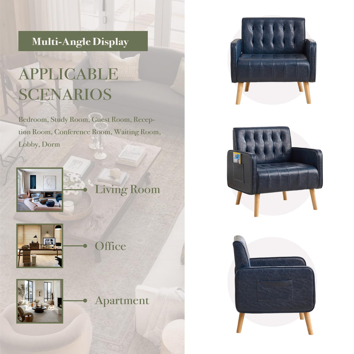 Leather Accent Chair Set of 2, Living Room Chair with Wooden Legs (Black)