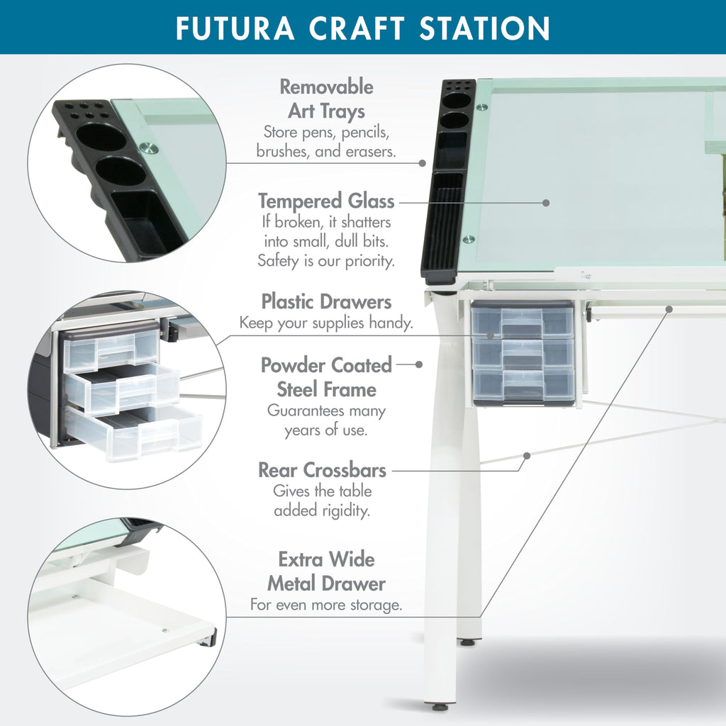 SD Studio Designs 10096 Futura Station with Folding Shelf Top Adjustable Drafting Craft Drawing Hobby Table Writing Studio Desk with Drawer, 35.5'' W x 23.75'' D, White/Clear Glass