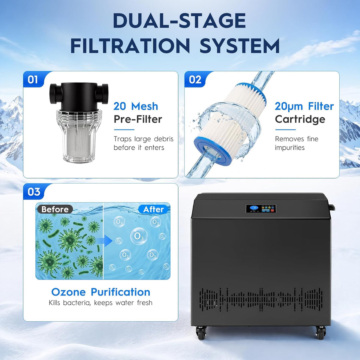 WiFi Smart 1HP Cold Plunge Water Chiller with Double Filter System