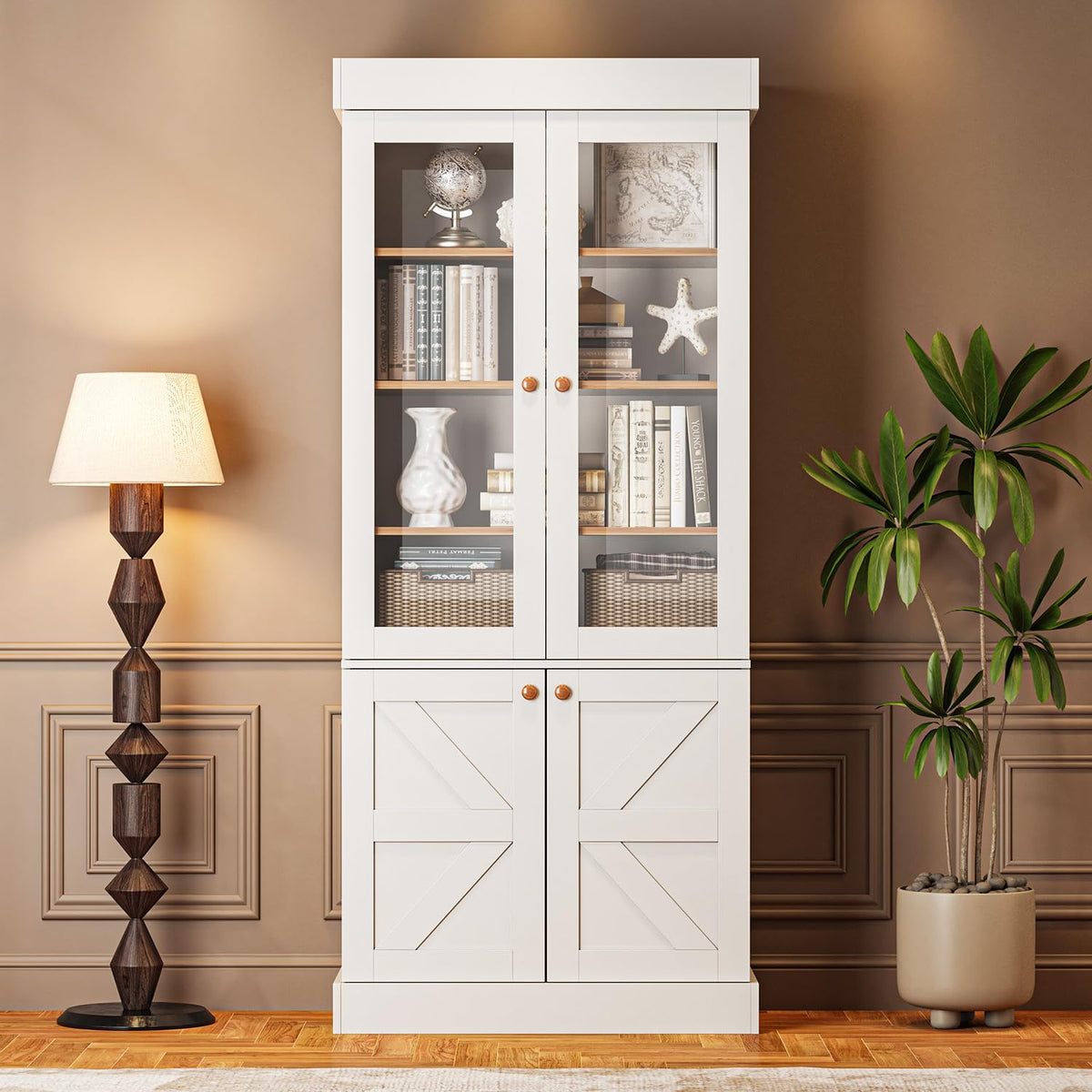 Vyre 71" Tall Farmhouse Bookshelves with Drawers, Set of 3 â Large Modular Bookcase with Adjustable Shelves, Storage Cabinet for Living Room, Kitchen, Home Office, Brown