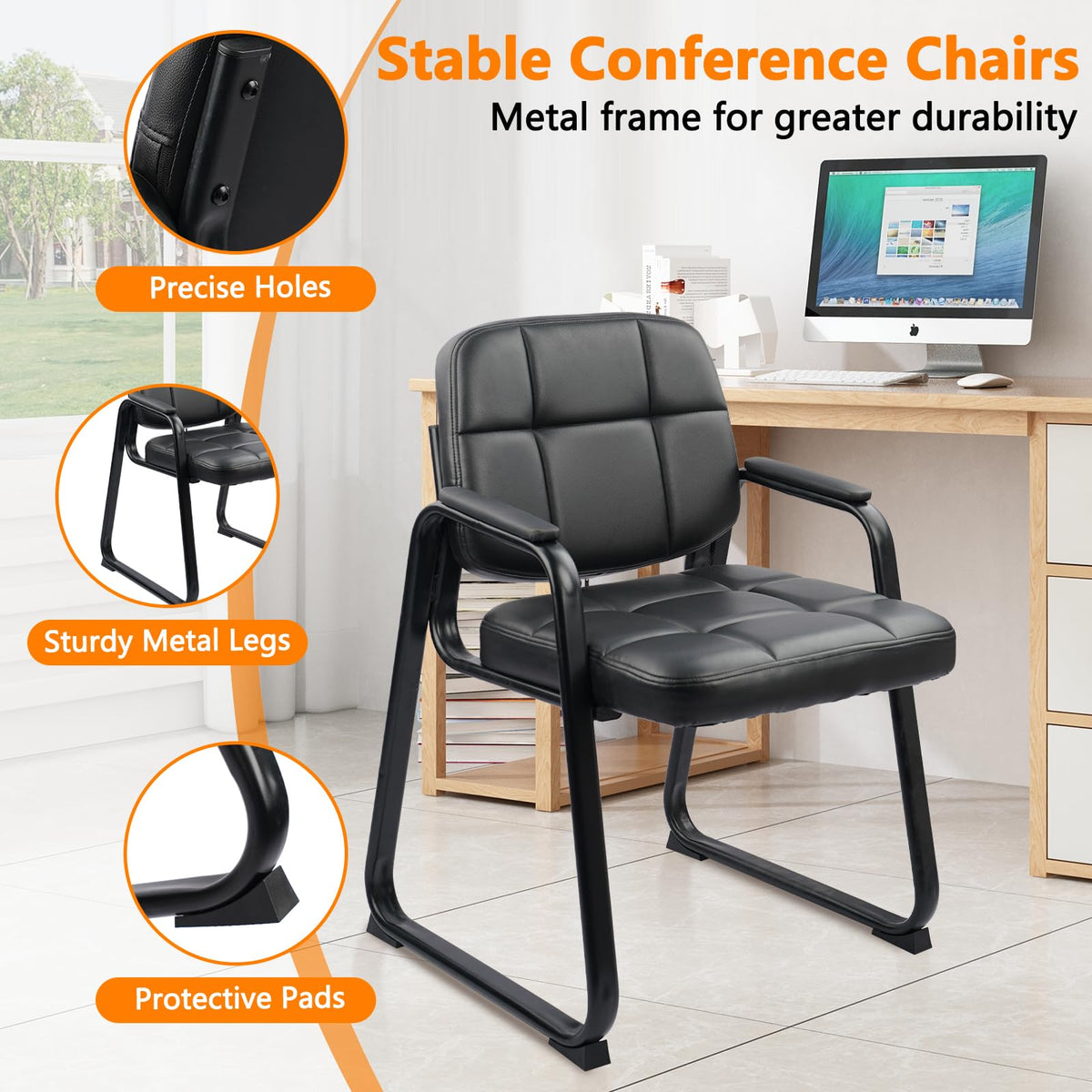 CLATINA Waiting Room Guest Chair with Bonded Leather Padded Arm Rest for Office Reception and Conference Desk Black with Sled Base Brown 1 Pack