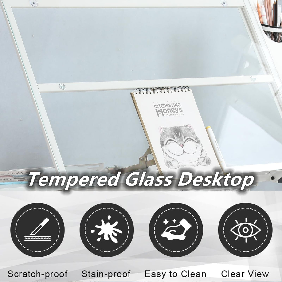 Drafting Table for Artists, Glass Drawing Table with Stool,T1-Black