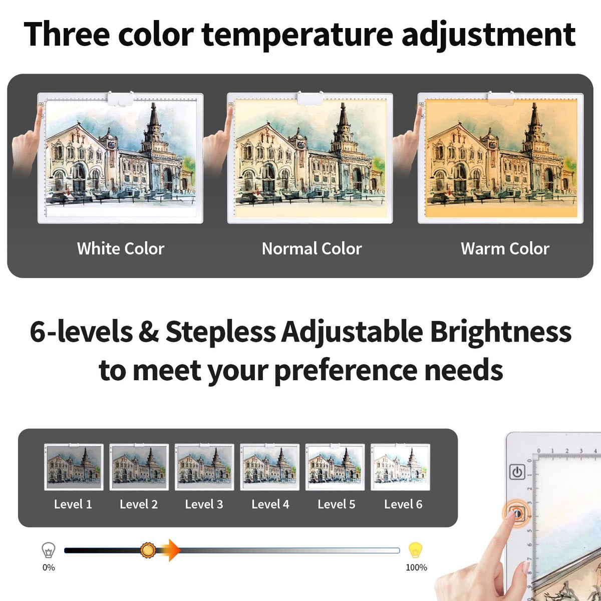 Zocelight A1(35.4''x 23.6'') Large Rechargeable Light Pad for Diamond Painting,6 Levels & Stepless Dimming Light Box for Tracing,3-Color Modes Light Board,Built-in 6000mAh Battery Light Table for Art