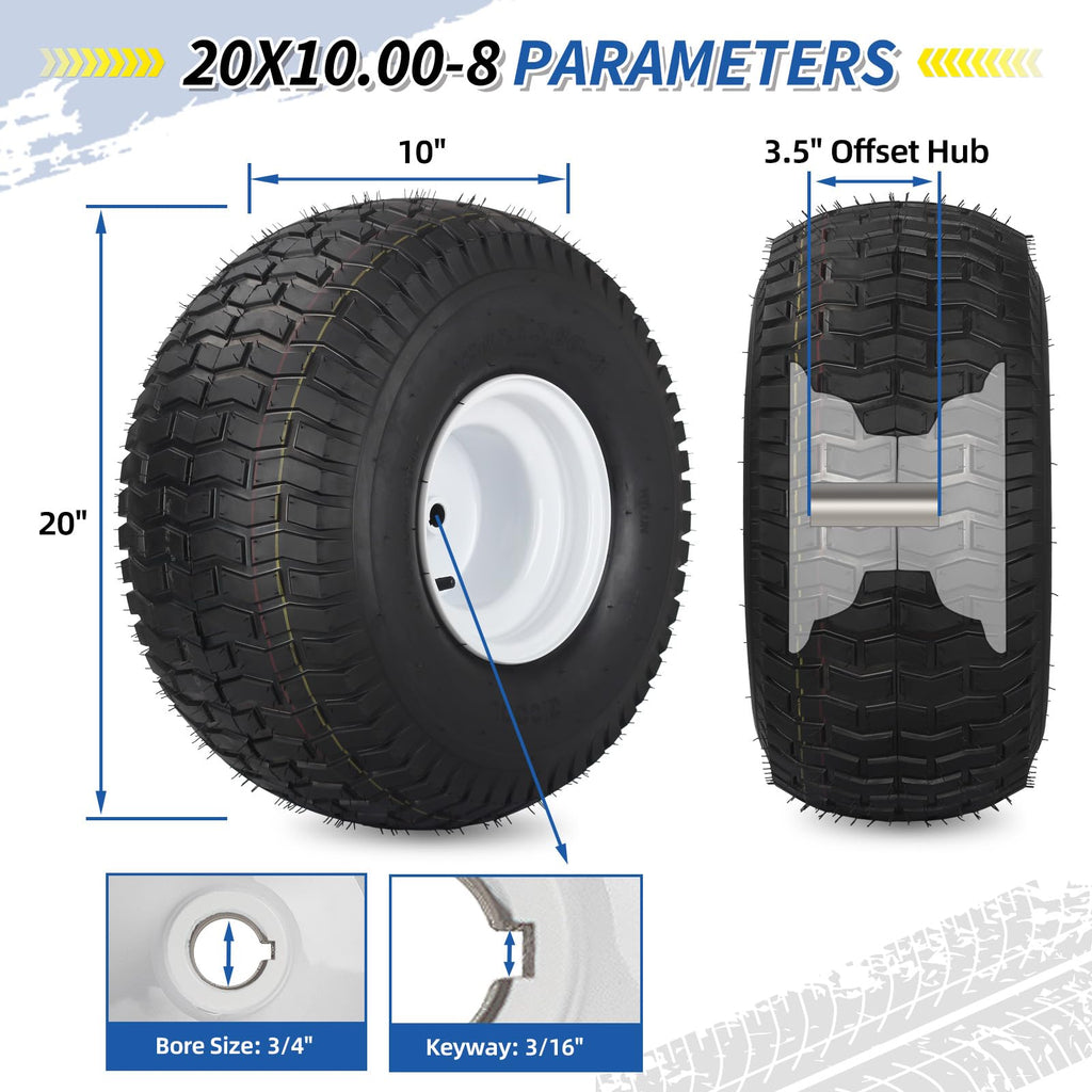 GICOOL 20x8.00-8 Lawn Mower Tire and Wheel, 4 Ply Tubeless Tire, 20x8-8nhs Riding Lawn Mower and Tractor Rear Tire and Wheel Assemblies, 3.5" Offset Hub, 3/4" Borehole, and 3/16" Keyway