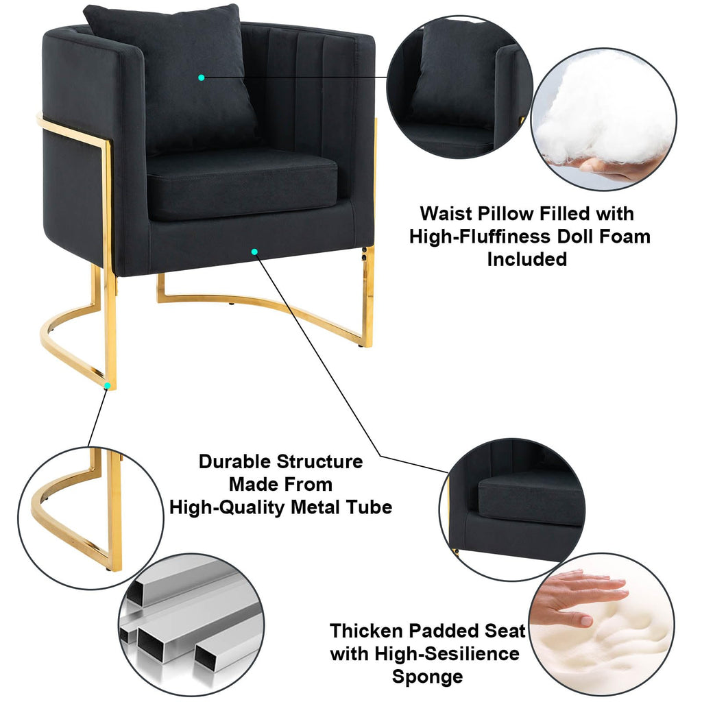 Velvet Accent Barrel Chairs Set of 2, Modern Arm Club Chair Set with Pillow for Living Room/Bedroom/Guest Reception, Channel Tufted, Gold Finish Base, Orange