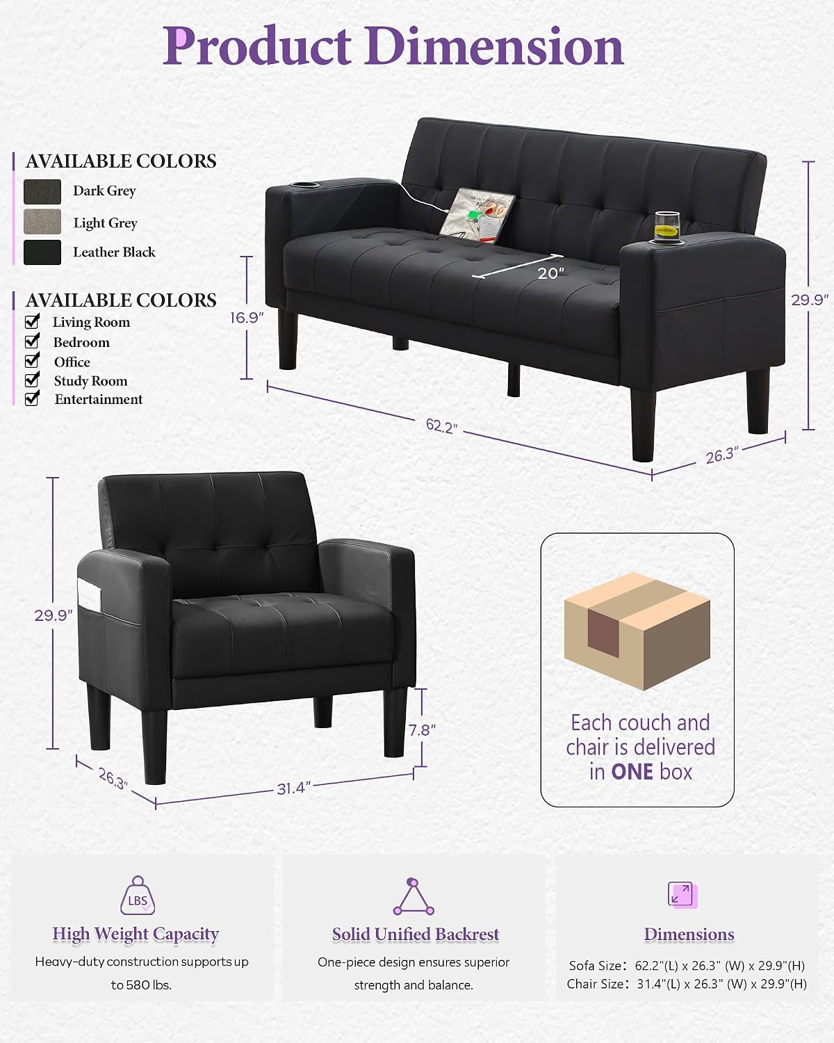 TYBOATLE Living Room Set, PU Leather Couch and Chairs w/USB & Type-C Ports