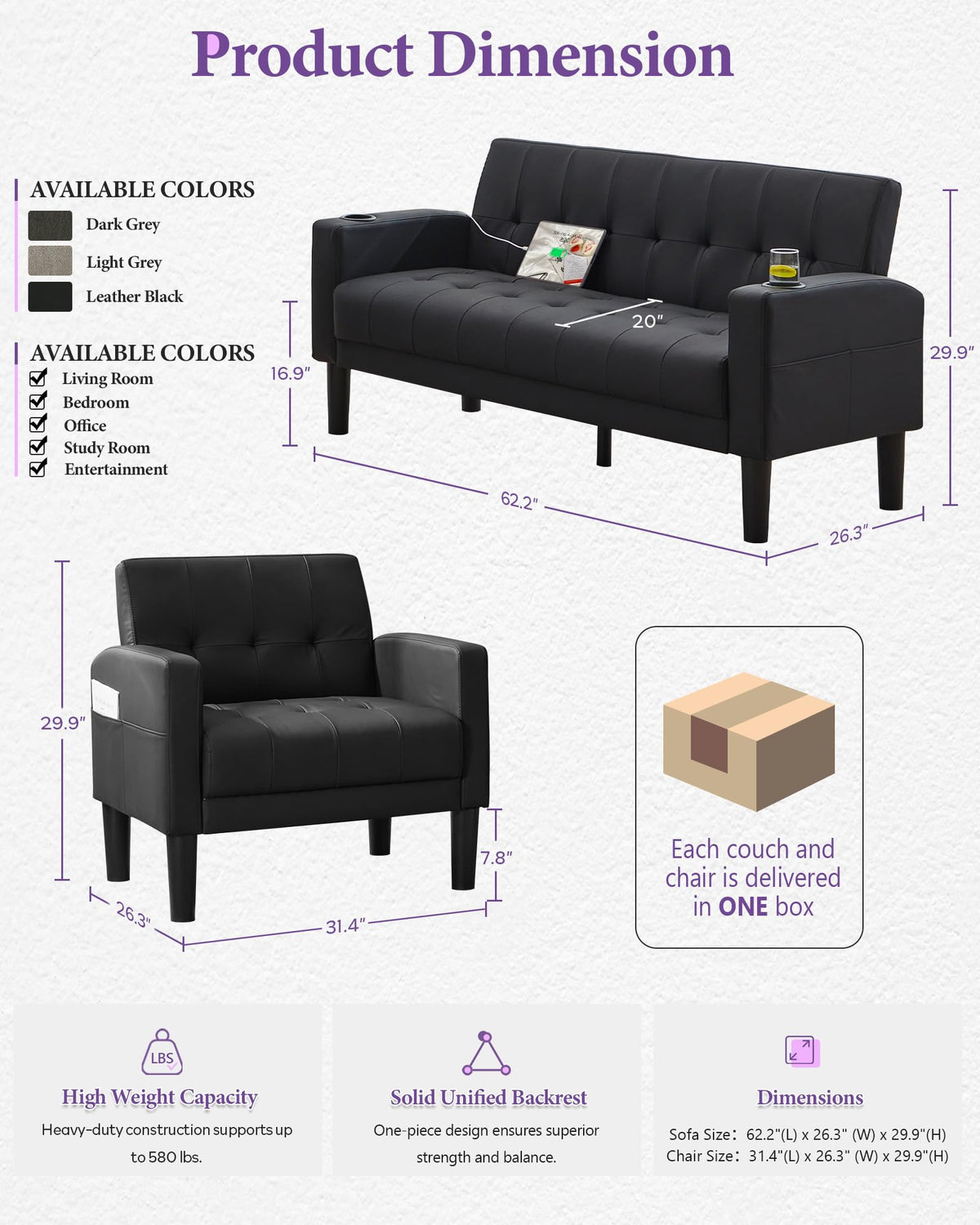 TYBOATLE Living Room Set, PU Leather Couch and Chairs w/USB & Type-C Ports