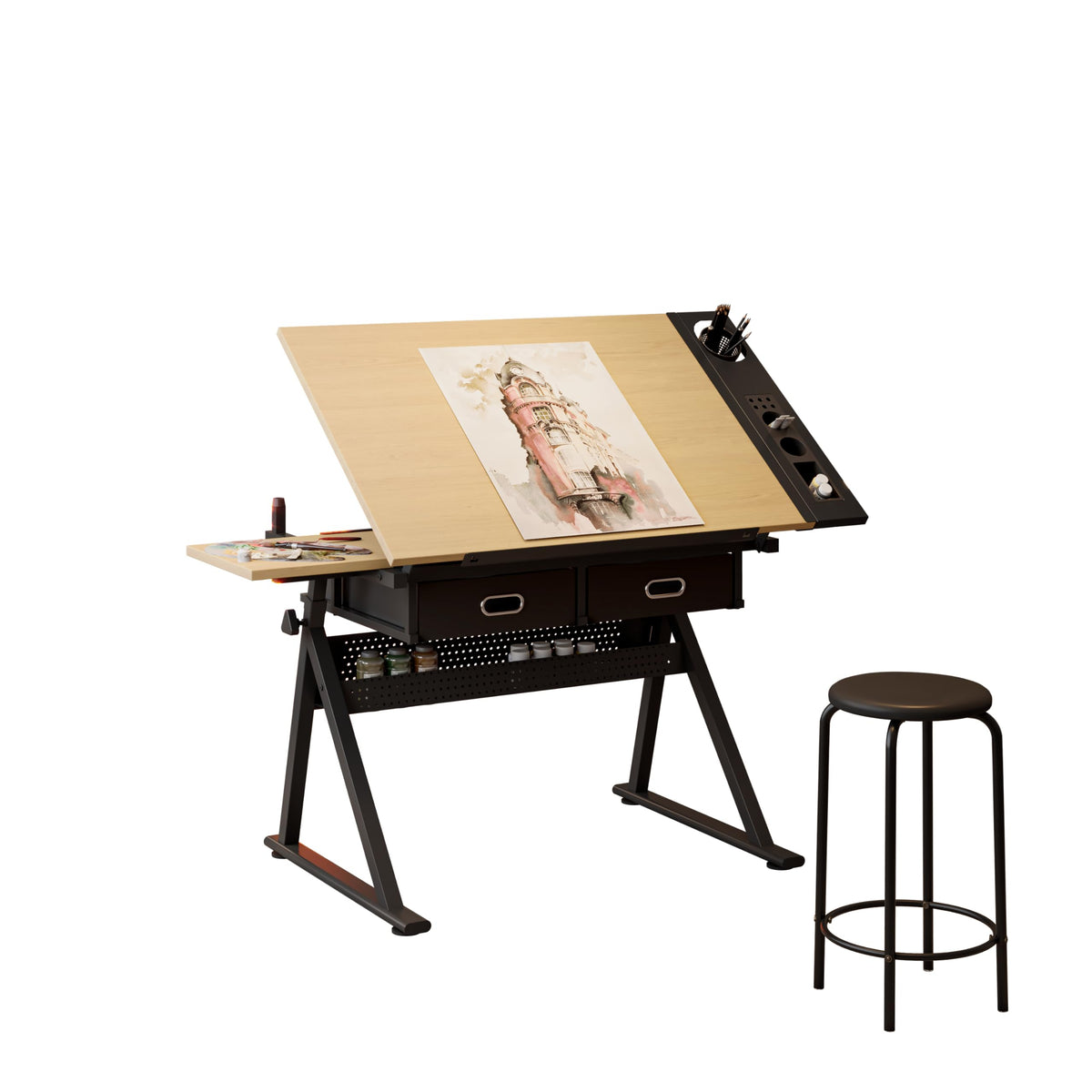 White Drafting Table with Stool, Height Adjustable Art Craft Desk with Tilting Tempered Glass Tabletop, Expansion Board, Multi-Storage, Drawing Table for Studio, Artists, Home Office, Painters, White