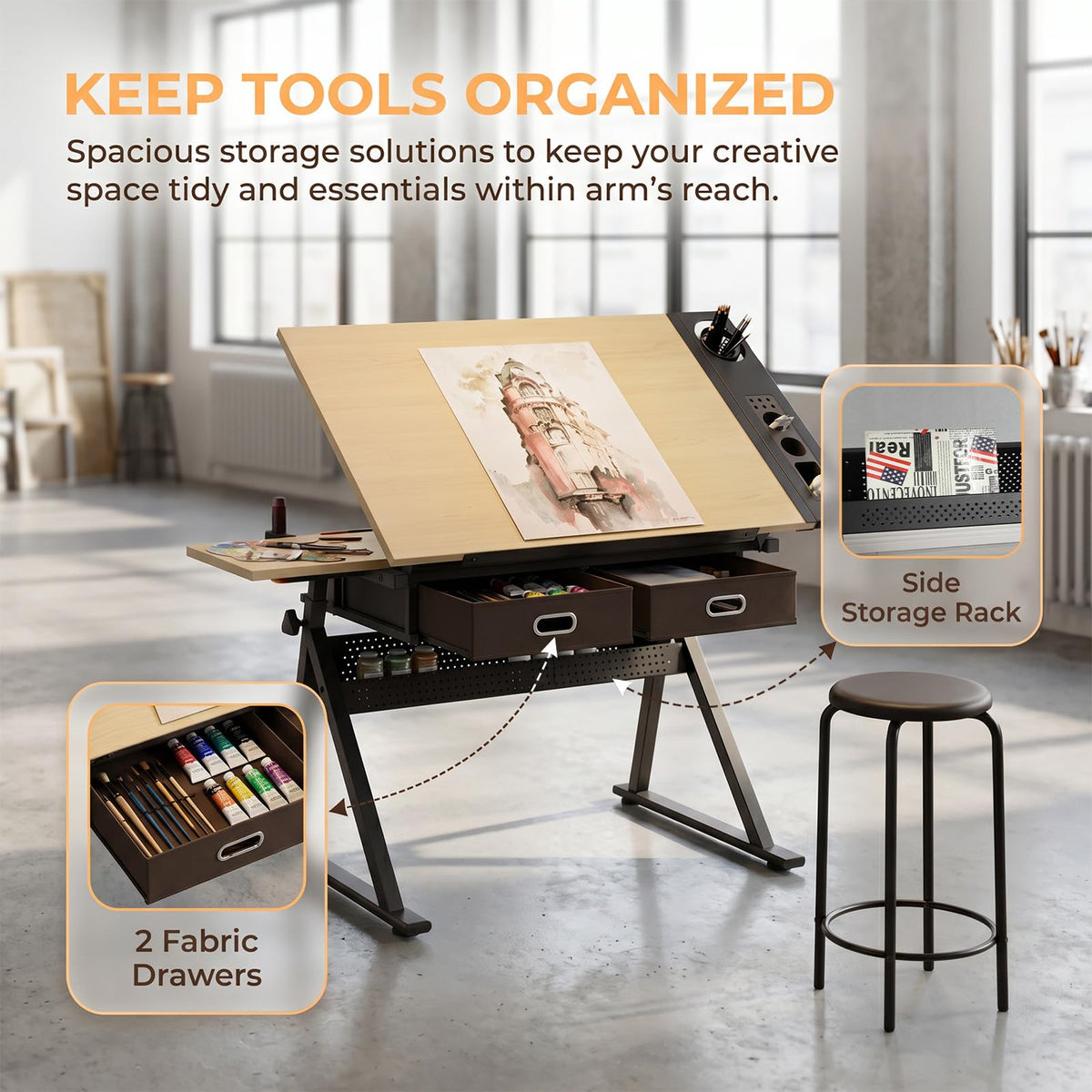 Height Adjustable Drafting Table Drawing Table Artist Desk Tilting Tabletop Art Craft Desk with 2 Storage Drawers and Stool, Art Craft Desk for Artist Painters Drawing Painting (All White)