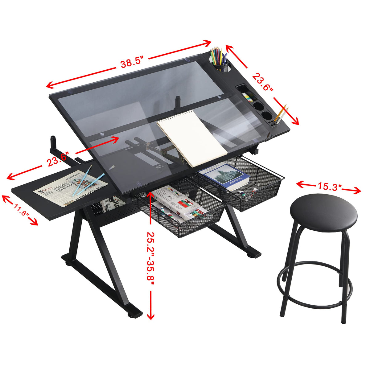Drafting Table Adjustable for Artists - Art Drawing Desk with Storage for Painting Sketching - Glass Top for Painters Illustrators Cartoonists White