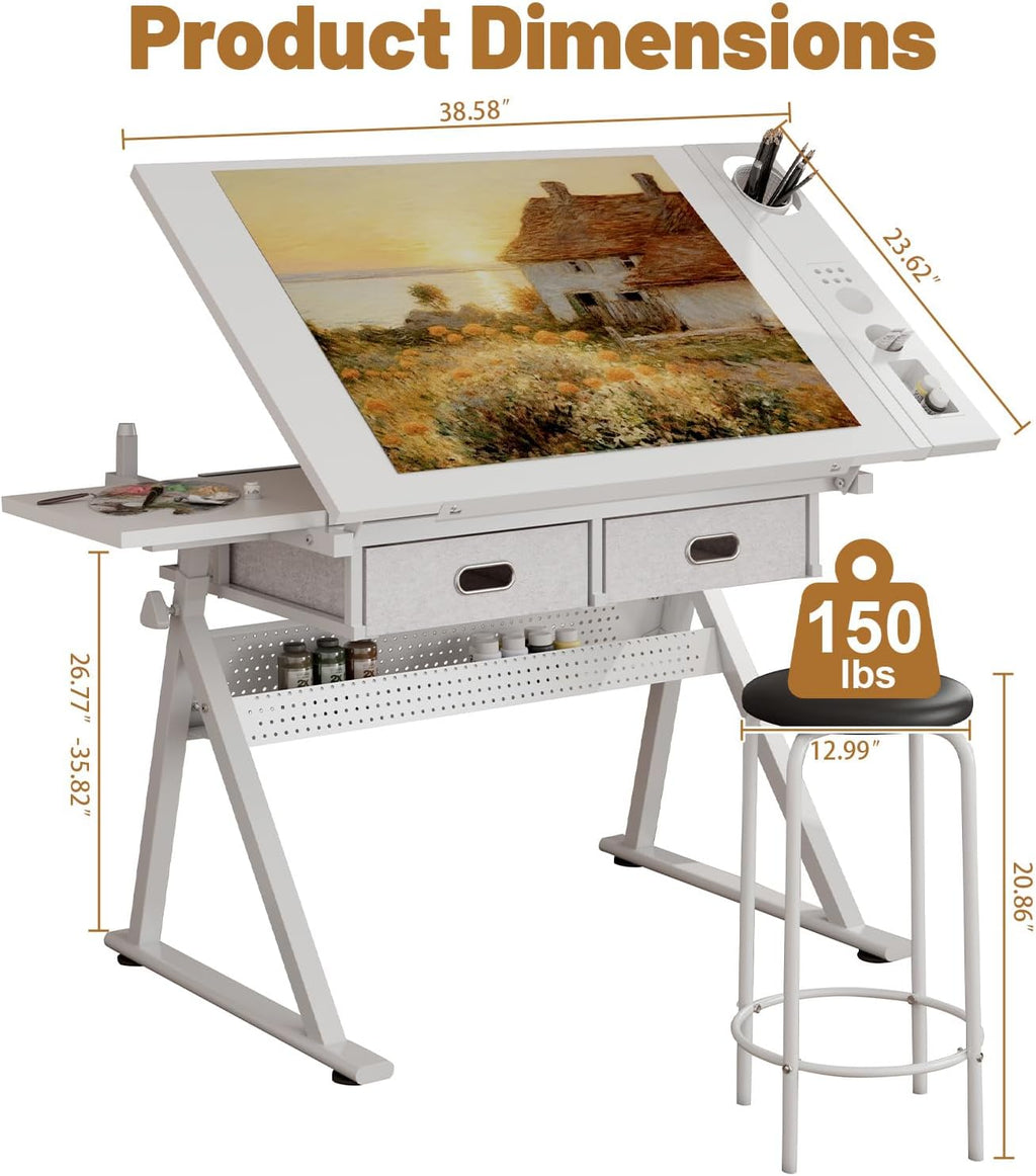 Drafting Table and Stool Set for Adults/Artists, Drawing Table with Adjustable Tabletop and Height, Art Workstation for Painters Crafting Reading Writing Home Office, All White