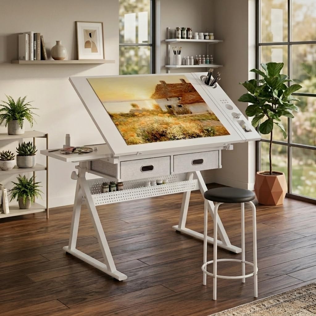 Height Adjustable Drafting Table Drawing Table Artist Desk Tilting Tabletop Art Craft Desk with 2 Storage Drawers and Stool, Art Craft Desk for Artist Painters Drawing Painting (All White)