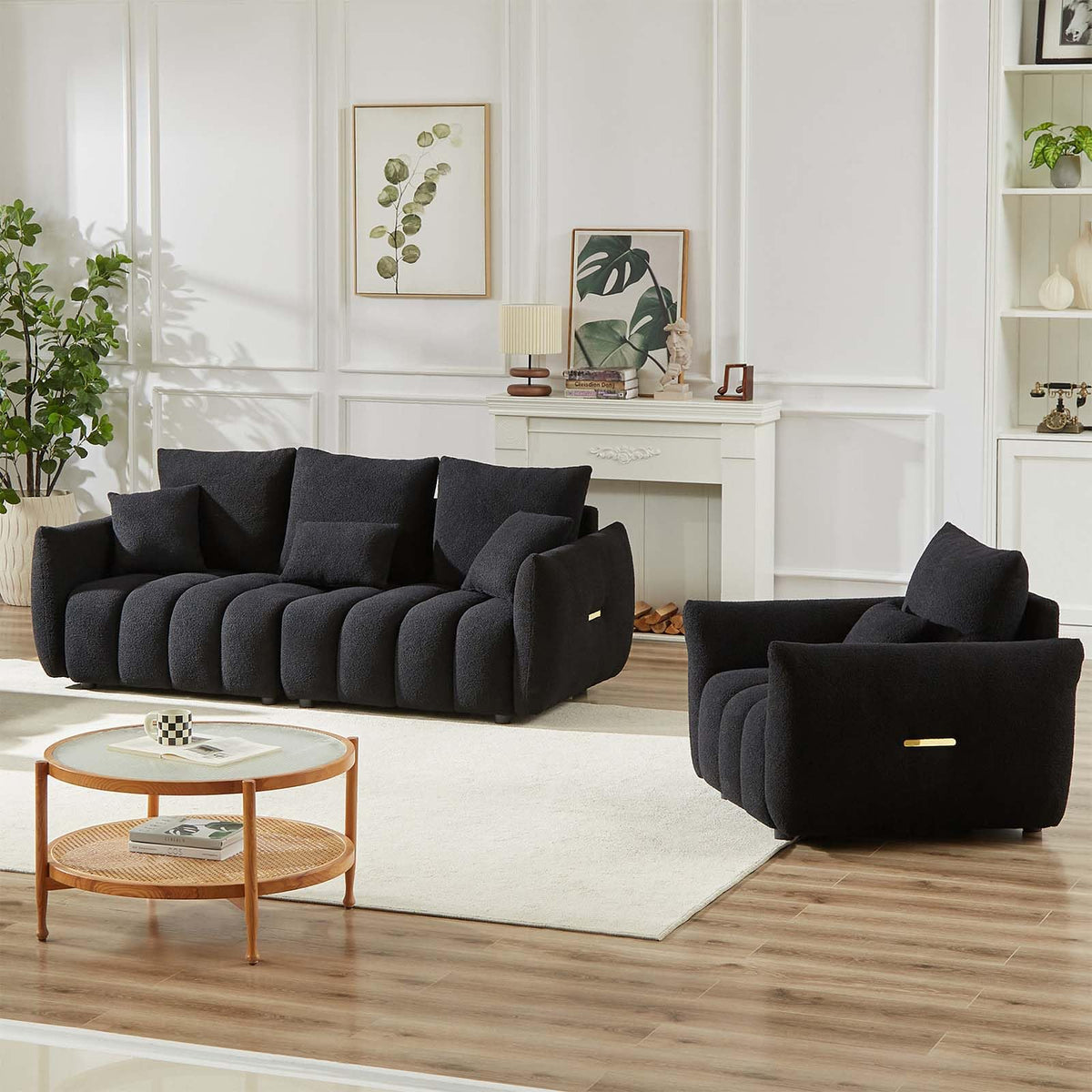 Antetek Teddy Fabric Sofa Set for Living Room, 2 Pieces Modern Deep Seat Oversized 3-Seater Cloud Boucle Couch for Bedroom, Office, Apartment, Furniture Set, 78-inch, Black (2 Pieces)