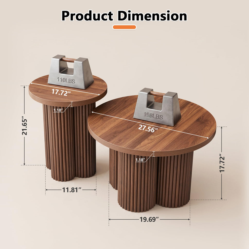Round Nesting Coffee Table Set of 3 Fluted Coffee Table (Natural)