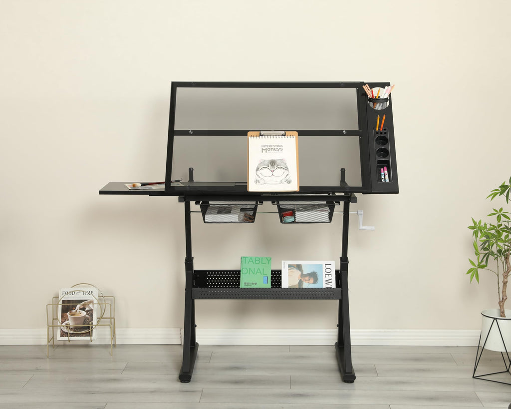 Drafting Table with Storage and Stool, Glass Art Desk for Adults Adjustable Height with 2 Metal Drawers, Craft Drawing Table Artist Desk with Extra Desktop for Reading/Writing/Studying (Black)