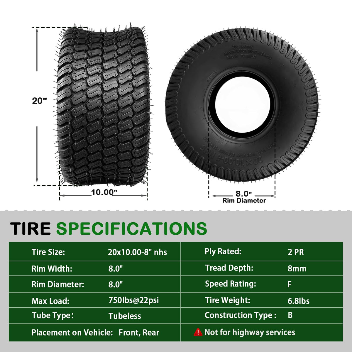 TRIPOWER 24x9.50-12 Lawn Mower Tire, 1 Pack Single Replacement Tire, 4PR Tubeless Turf Tire for Riding Mowers and Garden Tractors, Tire Only, Rim Not Included