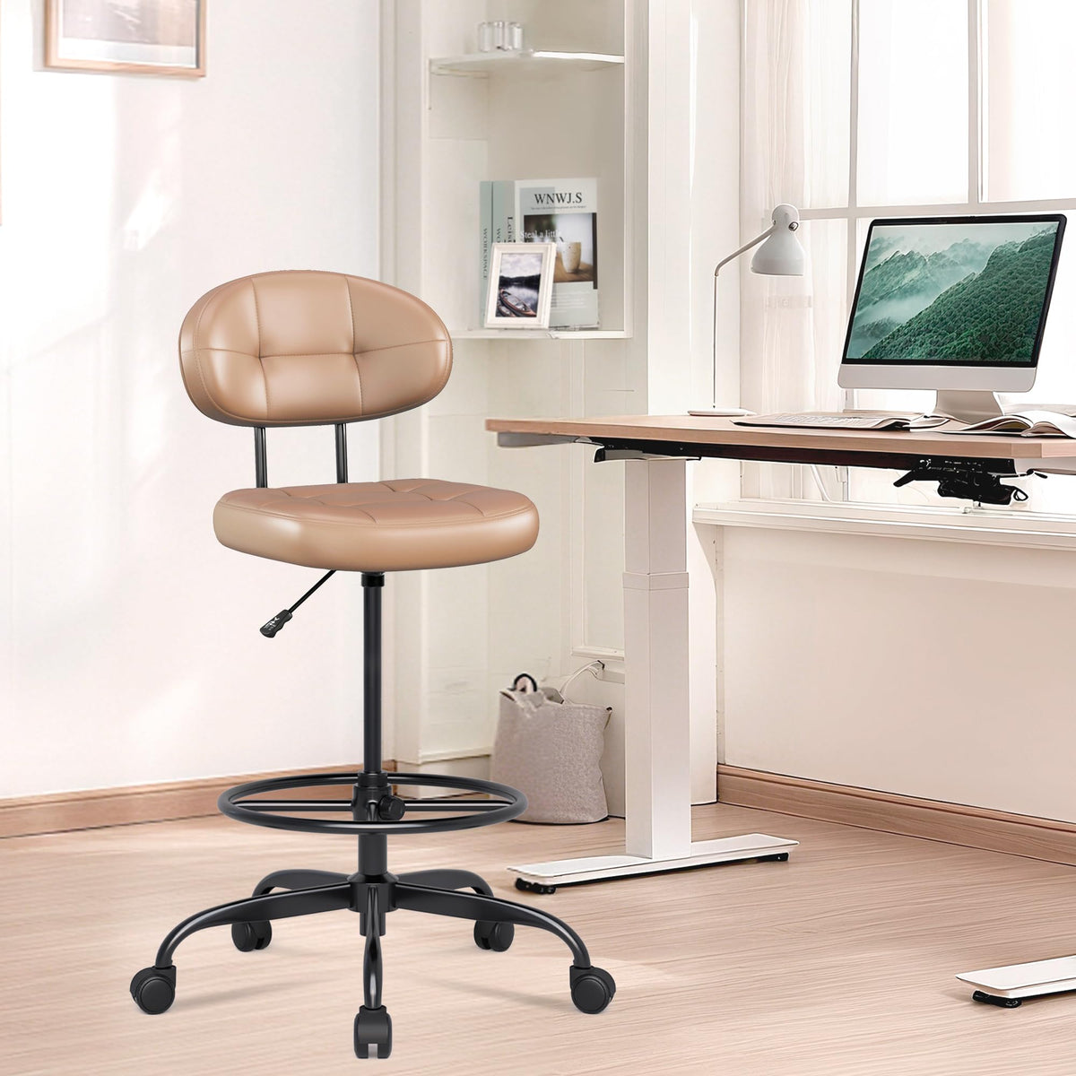 Misolant Drafting Chair, Armless Tall Office Chair with Footrest Ring for Standing Desk, Small Faux Leather Executive Computer Chair with Adjustable Height for Bar Lab Counter Height Desk, Green