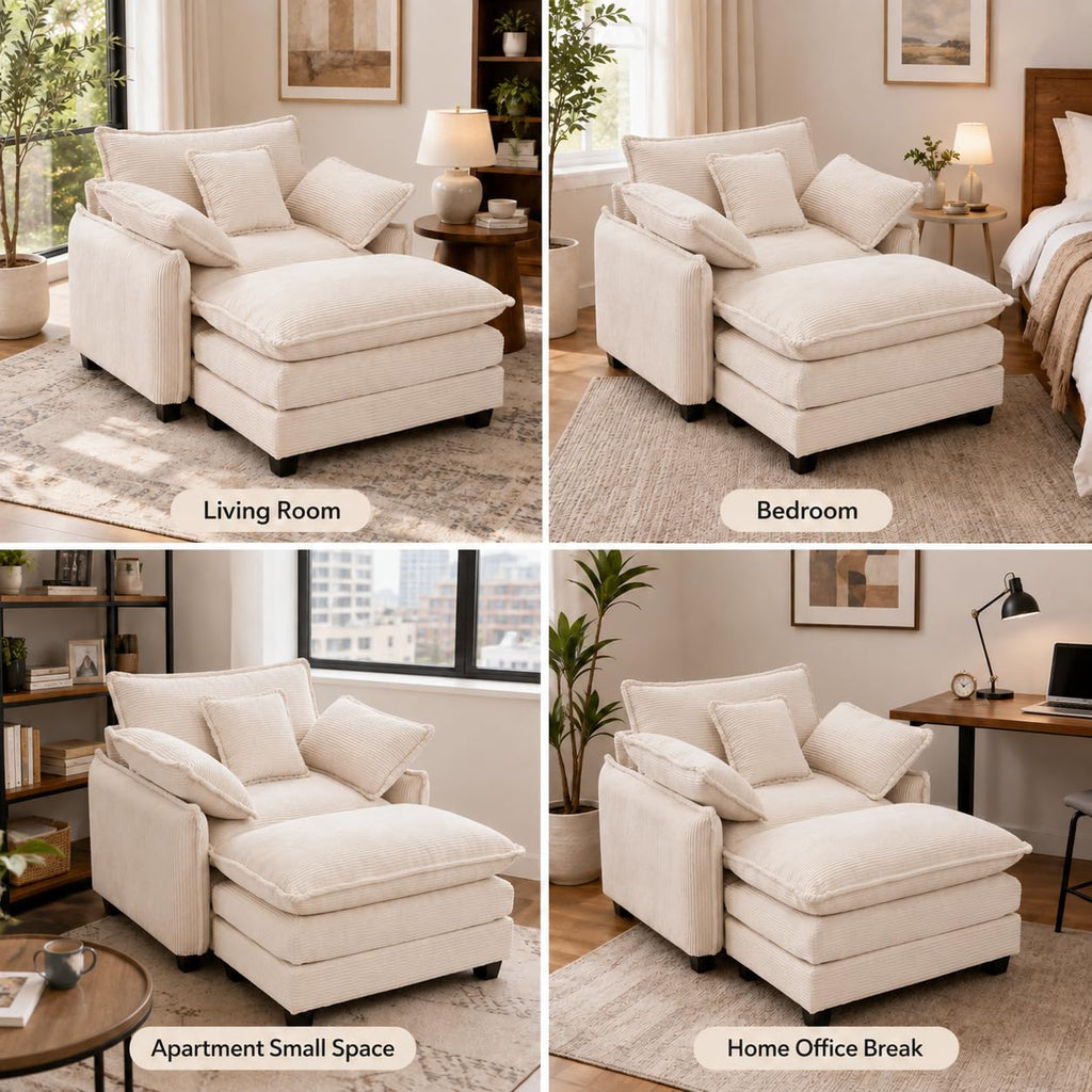 Oversized Chair with Ottoman, Corduroy Reading Chair with Footrest, Comfy Accent Armchair for Living Room Bedroom, Single Sofa Lounge Chair, 350 lbs (Orange)