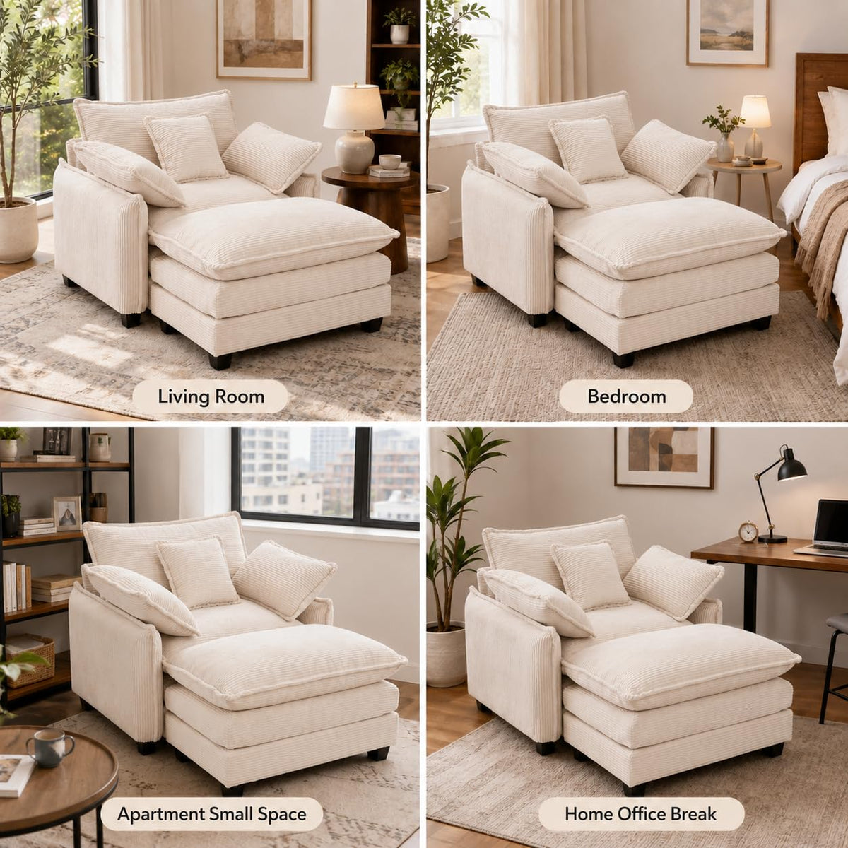 Oversized Chair with Ottoman, Corduroy Reading Chair with Footrest, Comfy Accent Armchair for Living Room Bedroom, Single Sofa Lounge Chair, 350 lbs (Orange)