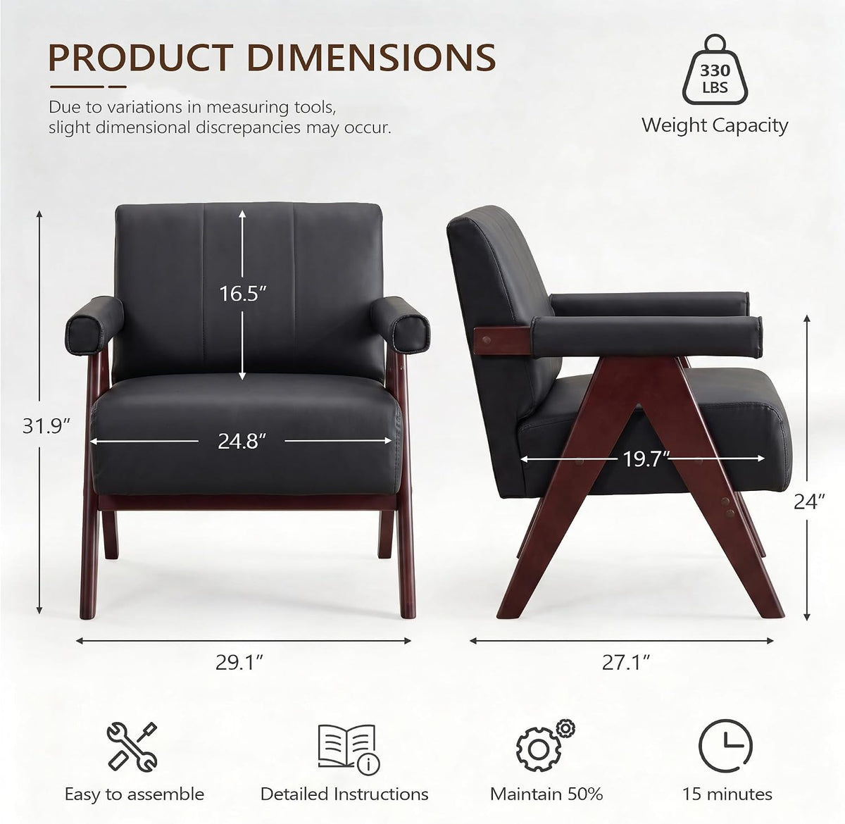 JIASTING Mid Century Modern Accent Chair Set of 2, Black Leather Armchair