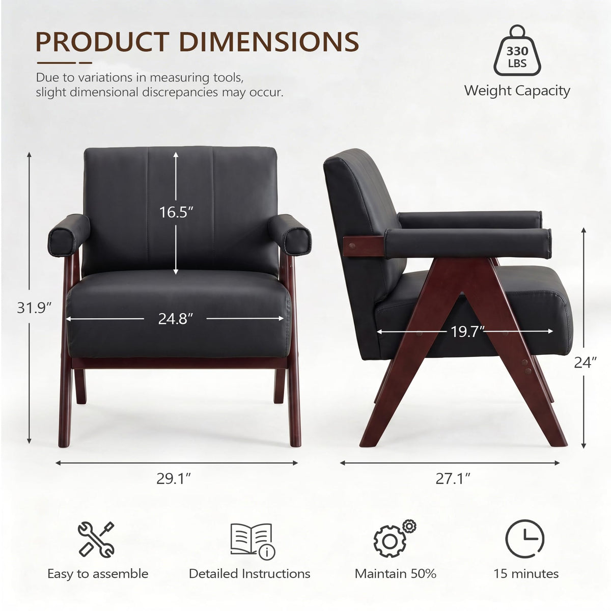 JIASTING Mid Century Modern Accent Chair Set of 2, Black Leather Armchair