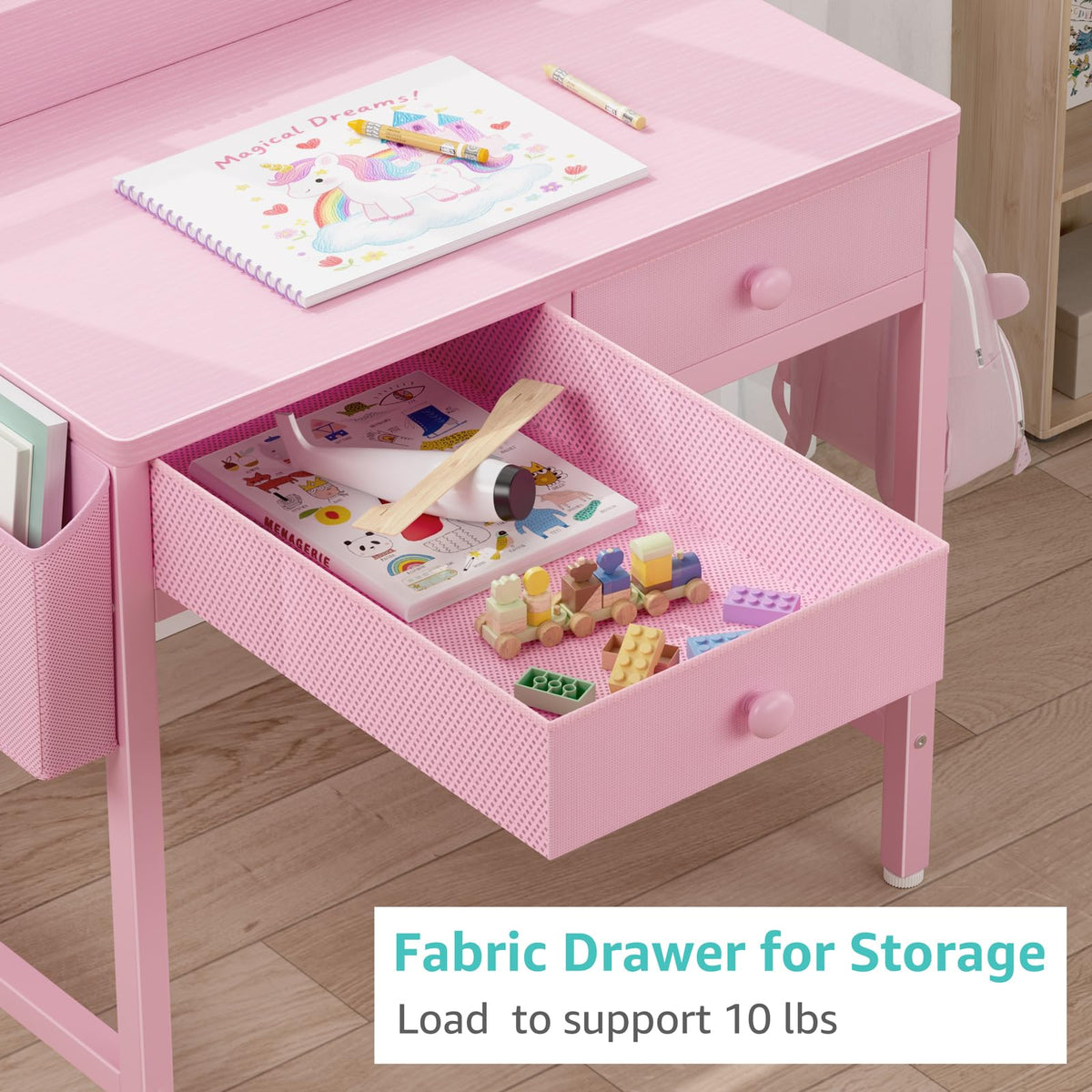 BOLUO White Kids Desk and Chair Set for 5-8 Year Old, Small Child Desk with Fabric Drawer, Children Study Table with Storage Toddler Girls Boys
