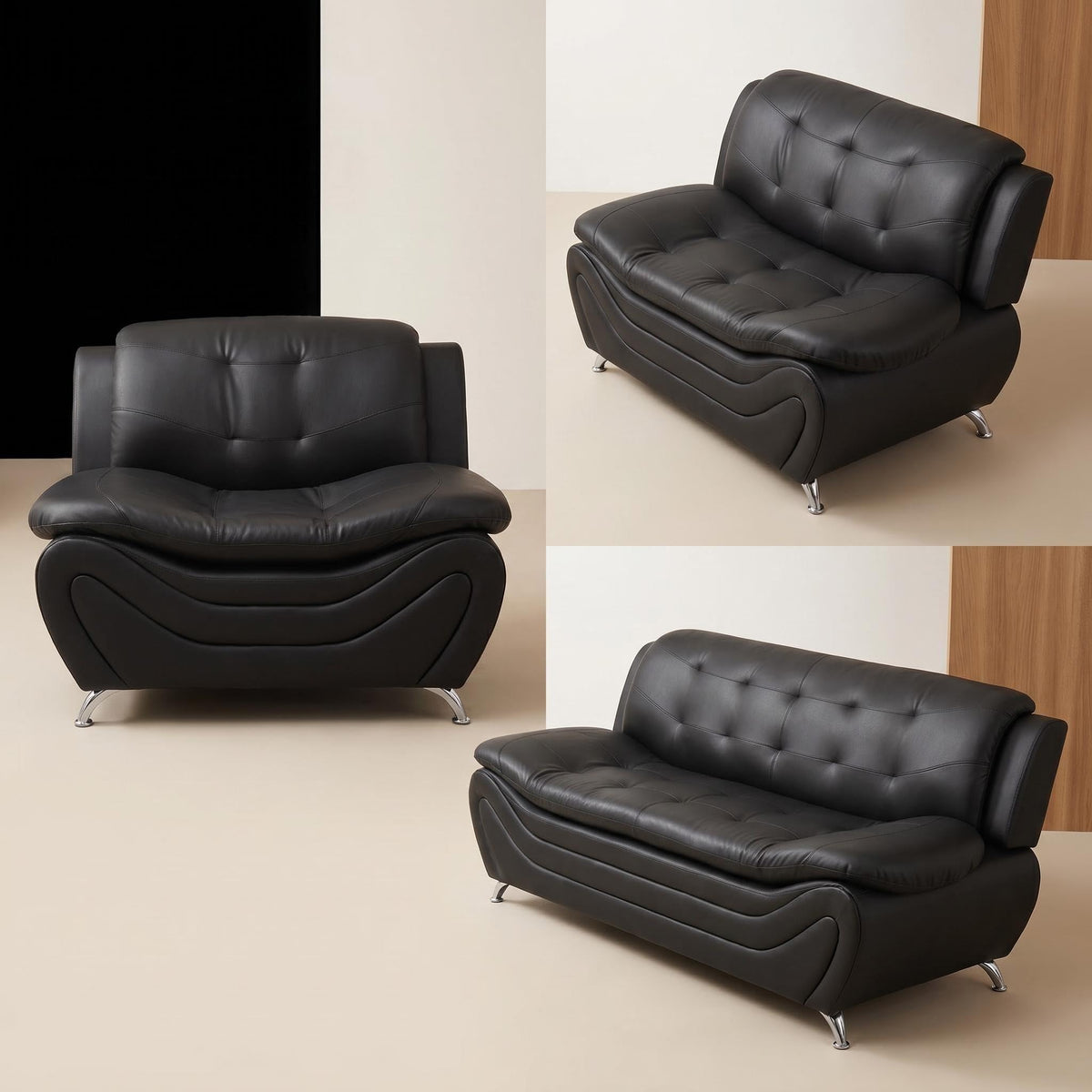 Modern Faux Leather Sofa Set â 3-Piece Living Room Couch with Chrome Legs & Padded Armrests â Includes 1-Seater, 2-Seater & 3-Seater â Contemporary Lounge Furniture for Home & Office (Brown)
