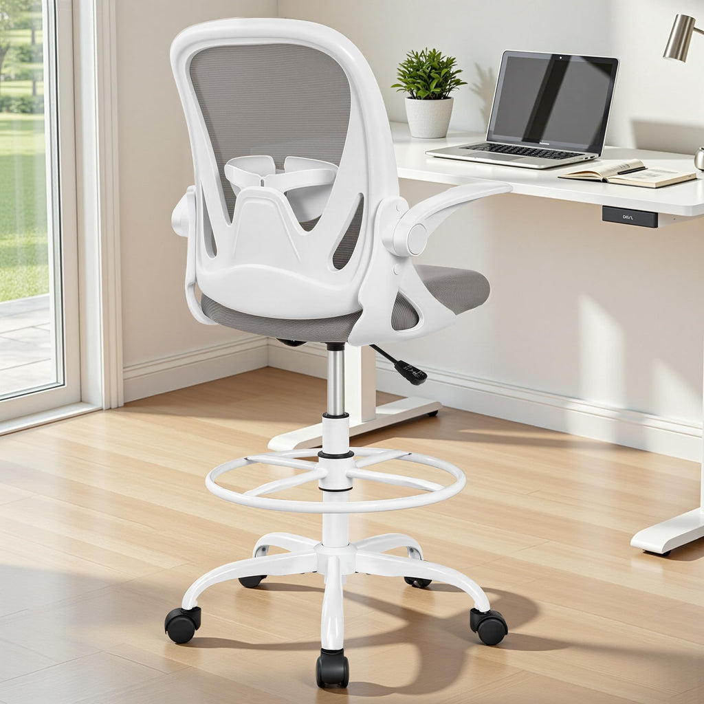 Drafting Chair Tall Office Chair with Flip-up Armrests, Adjustable Height, and Enhanced Lumbar Support - Ergonomic Rolling Stool, Back Support, and Adjustable Foot Rest Ring for Standing Desk White