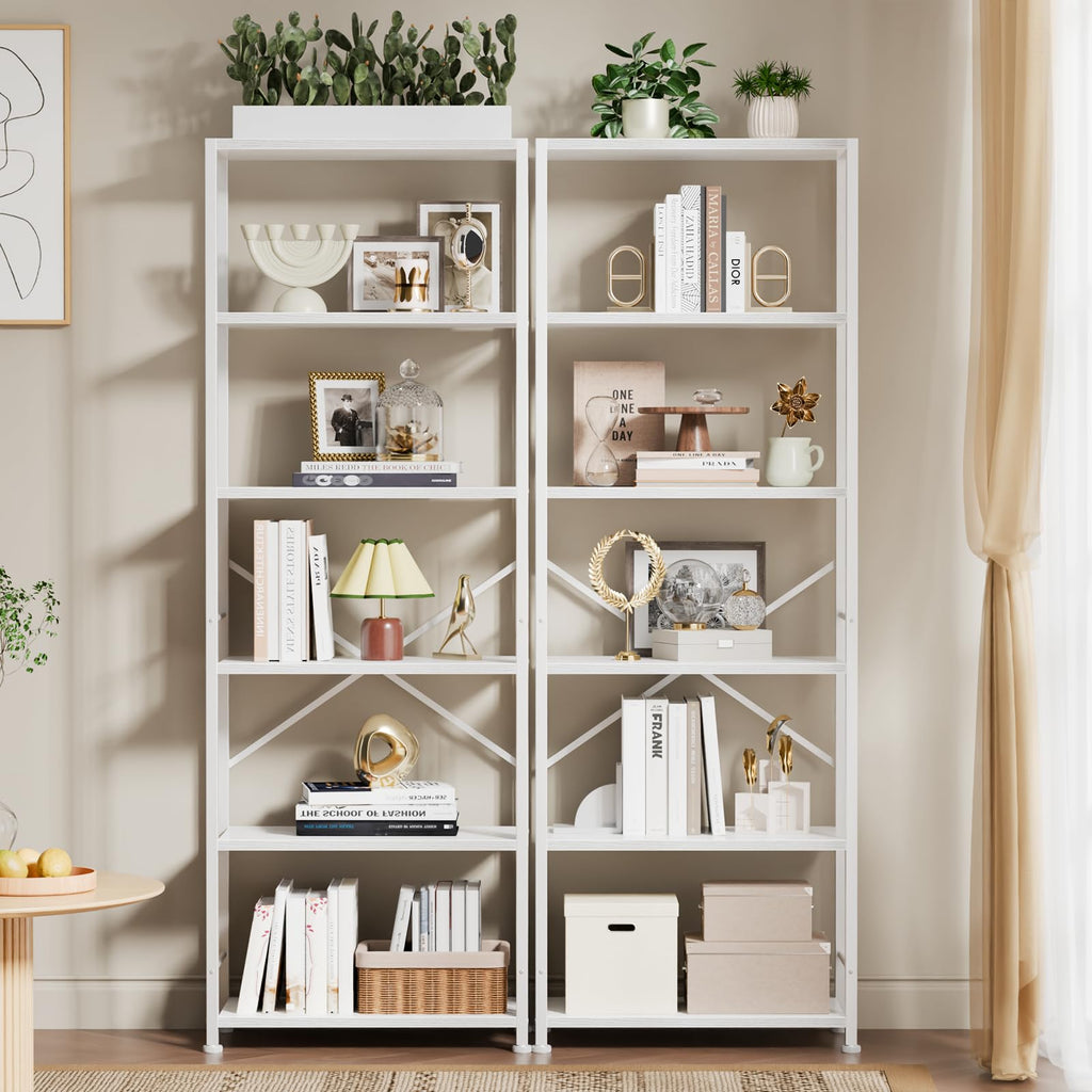 Furologee 5 Tier Book Shelf Set of 2, Tall Wide Bookshelf, Rustic Brown