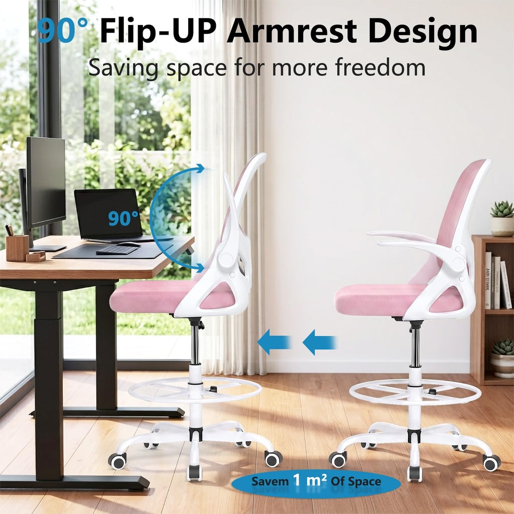 Kensaker Drafting Chair Tall Office Chair, Ergonomic Standing Desk Chair with Adjustable Foot Ring and Flip-up Armrests, Mesh Computer Chair for Art Studio, 300 LBS, Black