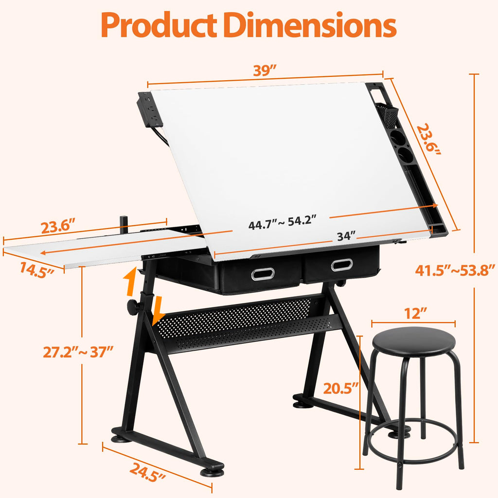 SUPER DEAL Drafting Table Set with Charging Station, Height Adjustable Tilting Drawing Desk Artist Desk with Stool Multifunctional Art Craft Workstation with 2 Storage Drawers for Home Office School