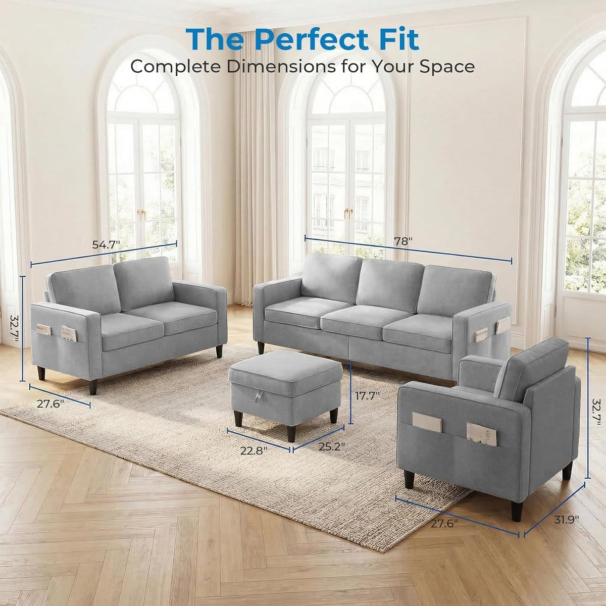Mjkone 78"W 3 Pieces Sofa Couches Set for Living Room Sets Furniture, Sectional L Shaped 3-Seater Small Sofas Couch and Loveseat Sets with Storage Ottoman and Side Pockets for Home Office, Light Gray