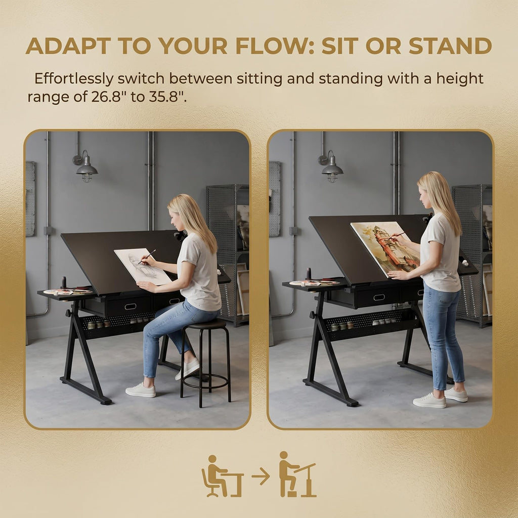 Height Adjustable Drafting Table w/Stool, Painting Table Art Craft Desk Crafting Drawing Desk with Tilting Tabletop, 2 Storage Drawers for Artist Painters (Rustic Brown)