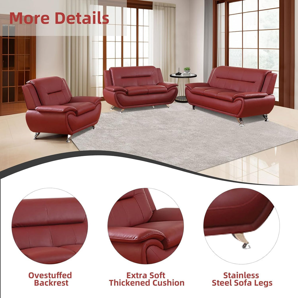 Modern Leather Sofa Set, Living Room Furniture, 3 - Piece Couch Set, Faux Leather Couch Loveseat Chair Set with Sturdy Legs for Living Room/Bedroom/Office,Black
