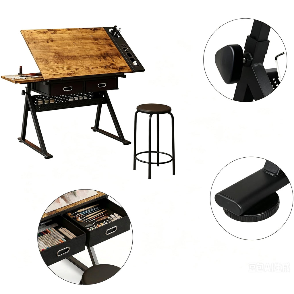 Height Adjustable Drafting Table, 0-75Â° Tilting Drawing Table Art Desk