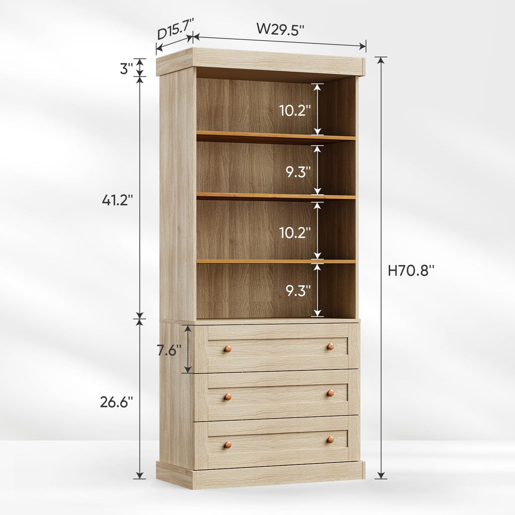 Vyre 71" Tall Farmhouse Bookshelves with Drawers, Set of 3 â Large Modular Bookcase with Adjustable Shelves, Storage Cabinet for Living Room, Kitchen, Home Office, Brown