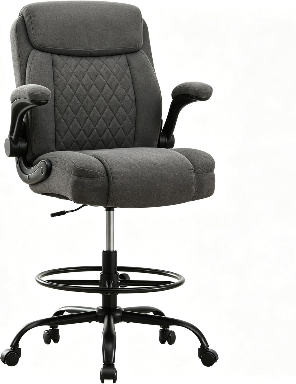 Drafting Chair Tall Office Chair for Standing Desk, Ergonomic Tall Desk Chair with Adjustable Foot Ring, Flip-Up Armrests, Lumbar Support, Swivel Rolling Task Chair for Home Office