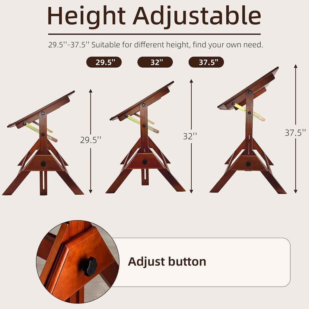 Walnut Solid Wood Adjustable Drafting Table, Art Drawing Desk